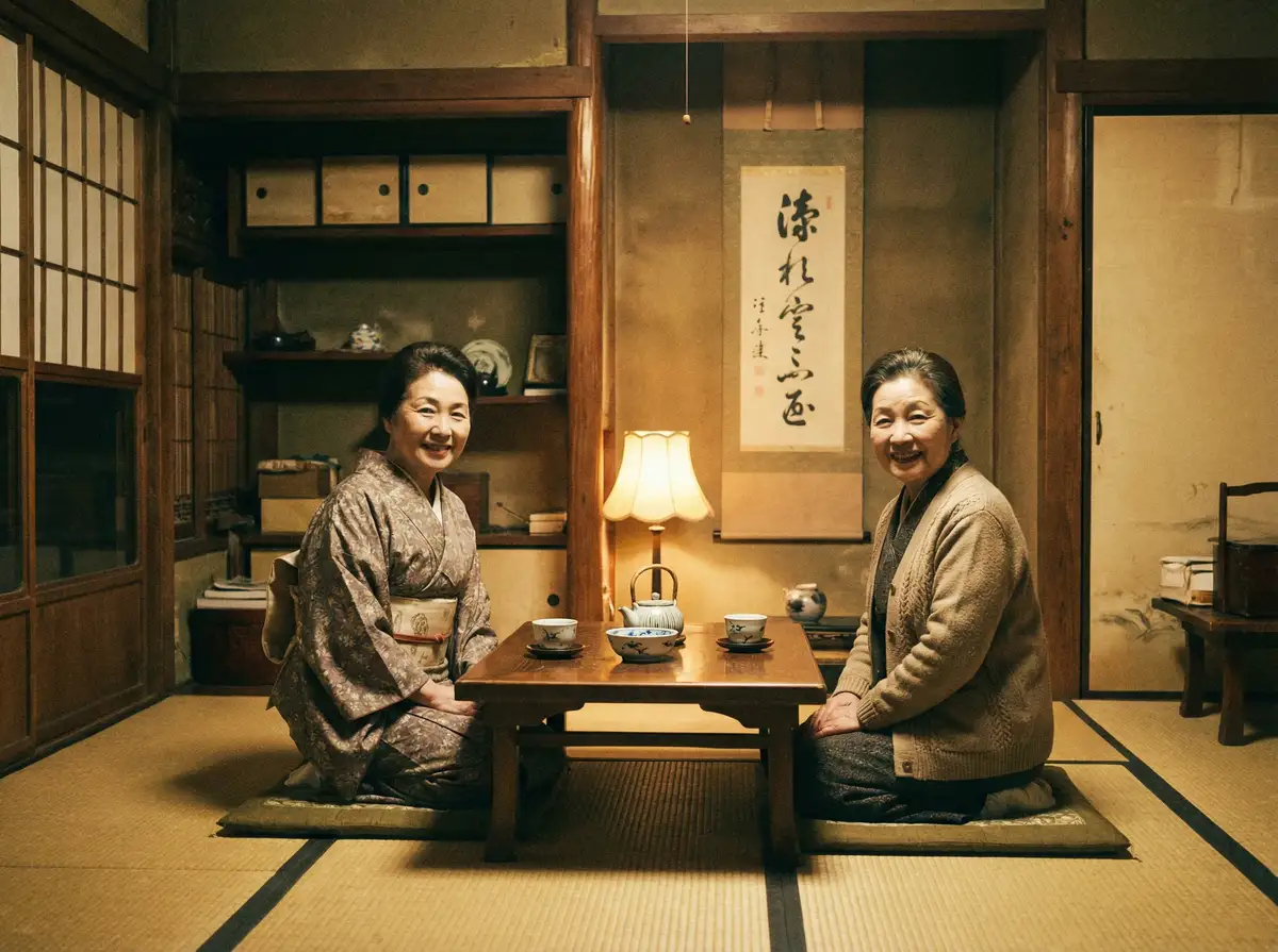 两位优雅的 草莓视频在线观看 在日式茶室中品茶交谈